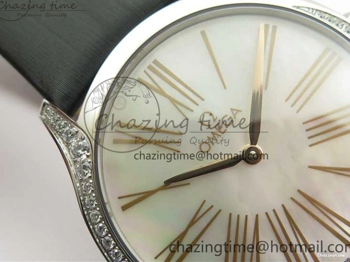 0420 StreetReady Ladies’ De Ville Trésor Diamond SS 3AF 1:1 Best Edition White MOP Dial RG Markers On Black Fabric strap Swiss Quartz 7884